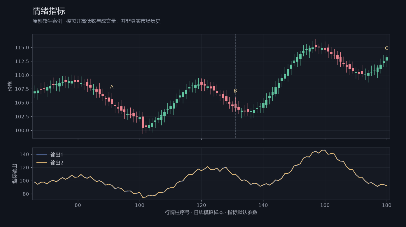 情绪指标原创模拟行情图，标出甲乙丙观察位置、价格与指标输出