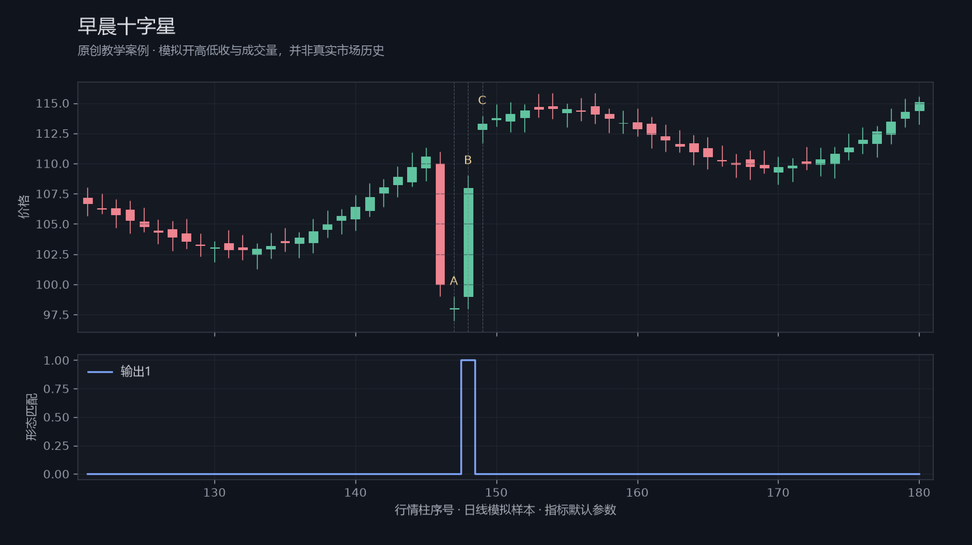 早晨十字星原创模拟行情图,标出甲乙丙观察位置、价格与指标输出