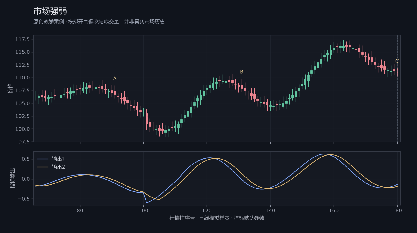 市场强弱原创模拟行情图，标出甲乙丙观察位置、价格与指标输出