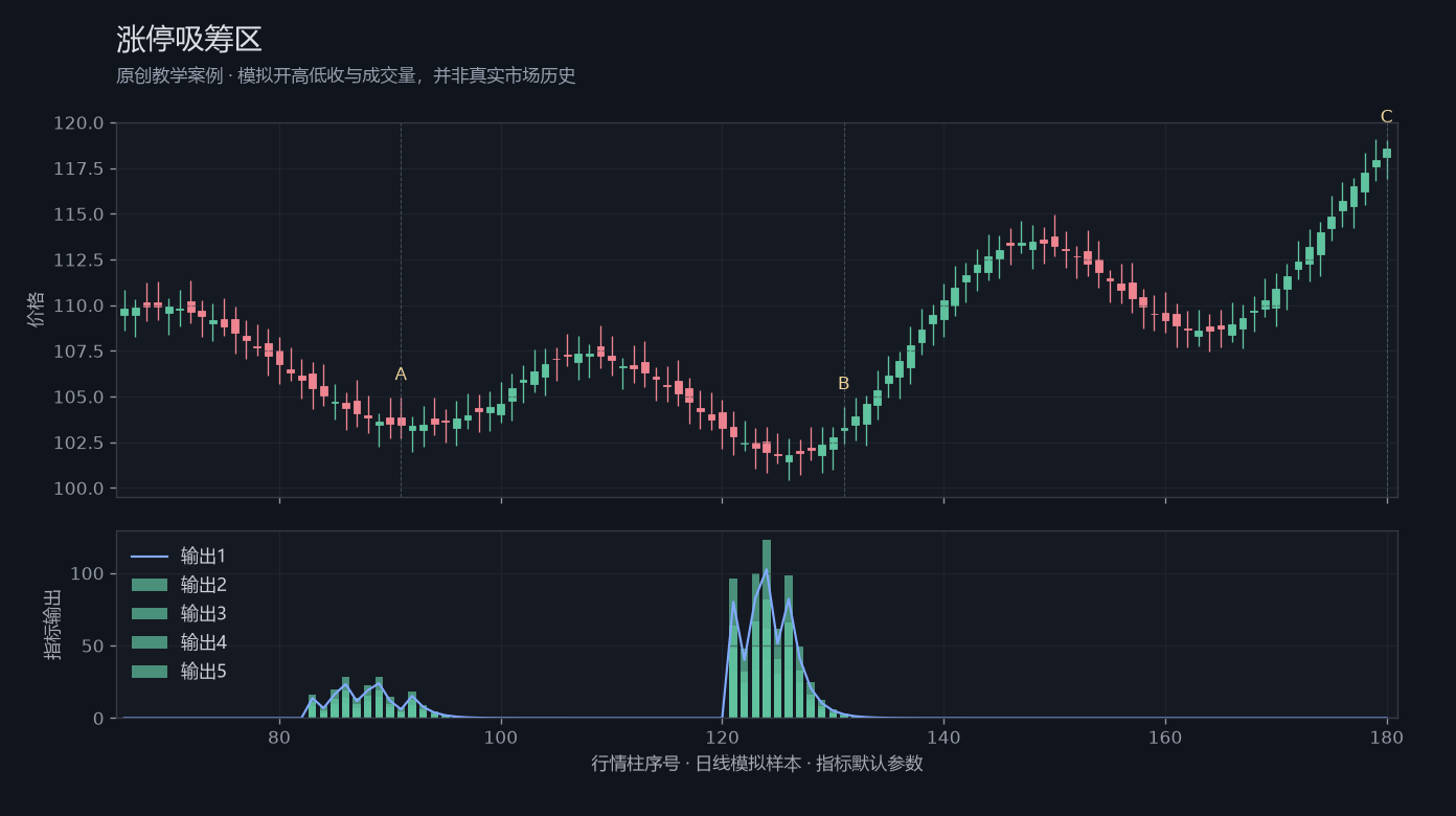 涨停吸筹区原创模拟行情图,标出甲乙丙观察位置、价格与指标输出